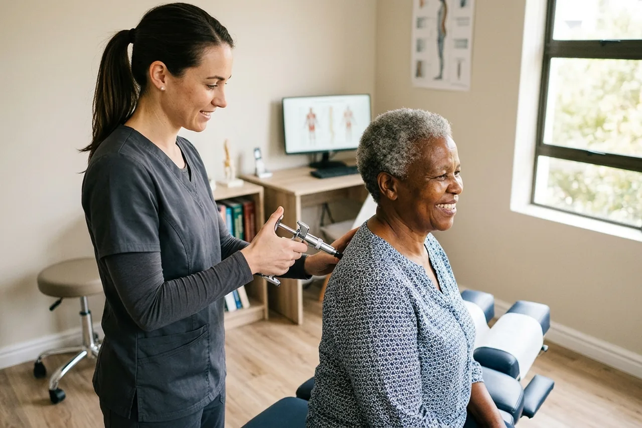 Chiropractor using a handheld Activator instrument for a gentle, low-force spinal adjustment