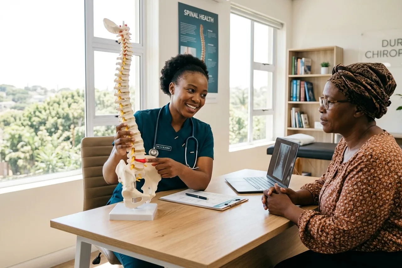 Chiropractor explaining spinal nerve relief with an anatomical spine model during a consultation