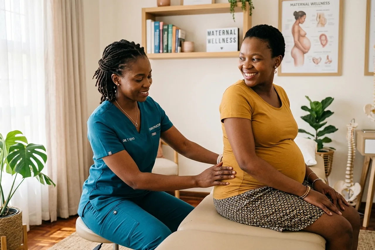 Chiropractor gently assessing lower-back comfort for a smiling pregnant woman