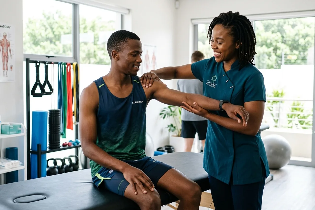 Chiropractor assessing shoulder and knee joint mobility of a South African runner