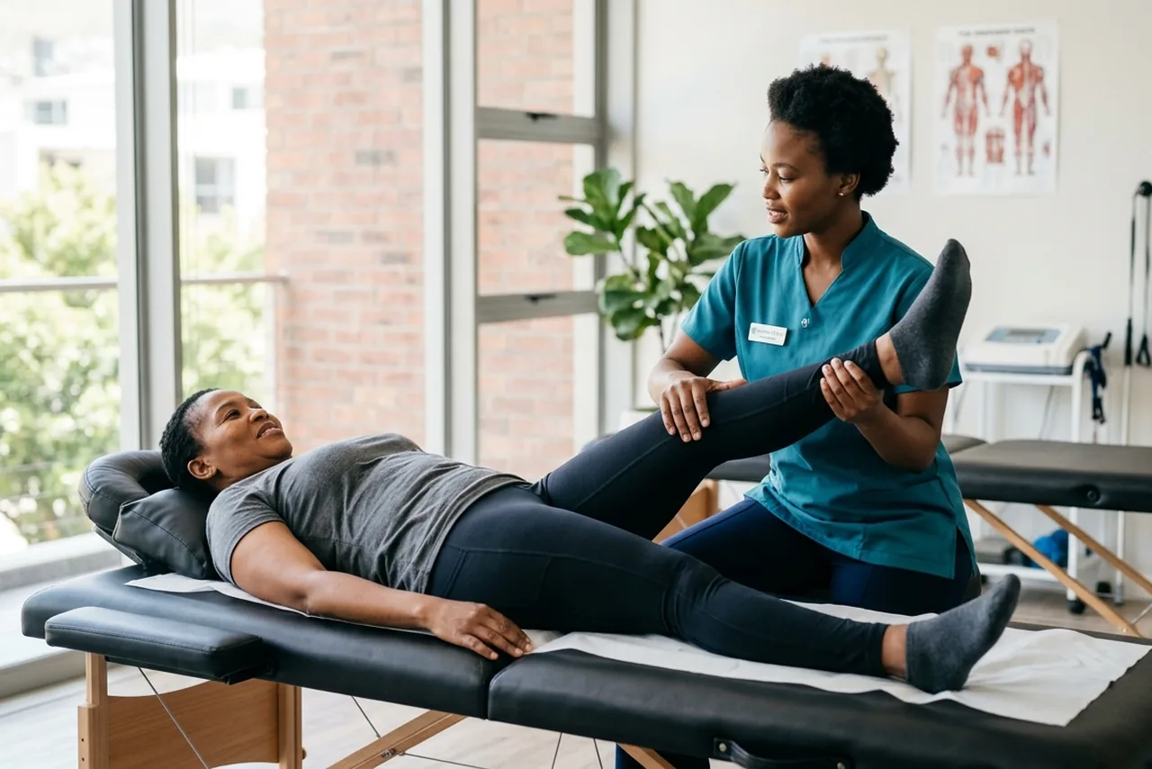 Chiropractor guiding a patient through an assisted PNF leg and hamstring stretch
